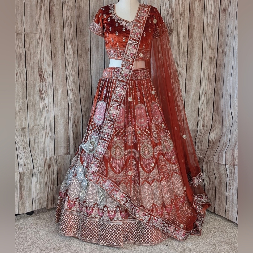 Bridal Wedding Lehenga Choli | Orange Rust | Heavy work | Velvet